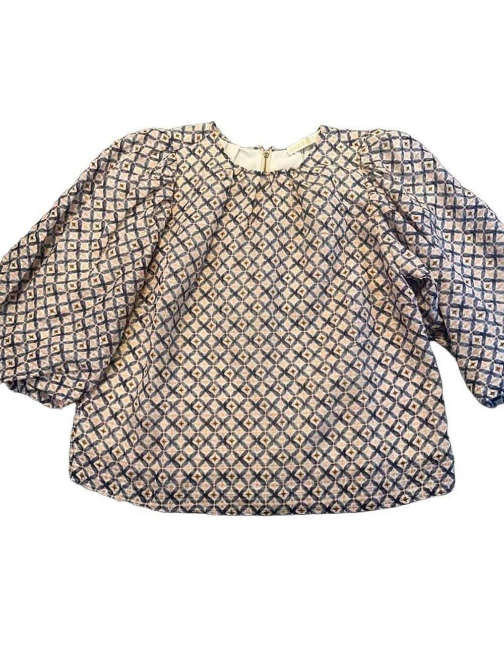Marie Oliver 3/4 Puff Sleeve Linen Blend Top Size M Blue Pink Geometric Lux